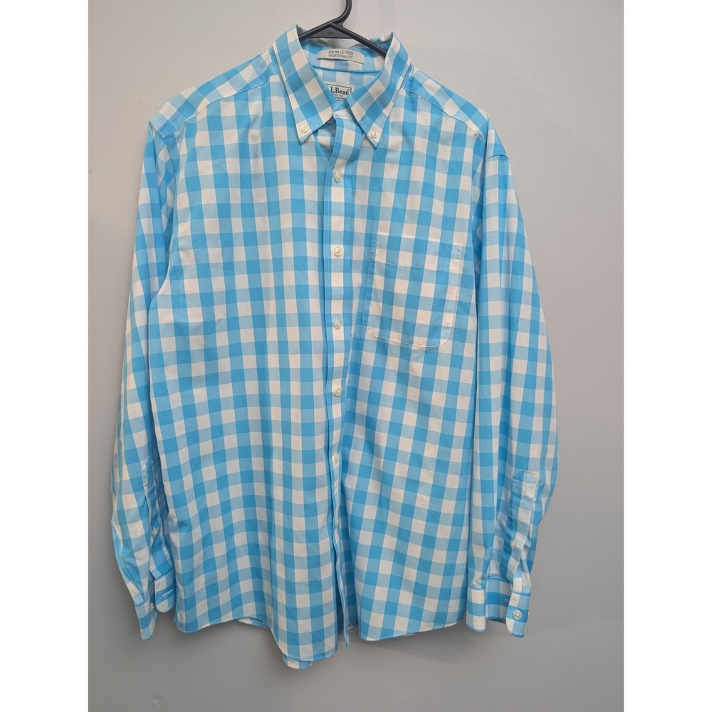 E4 L.L. Bean Men's Med Aqua Blue Plaid Long Sleeve Button Up Shirt